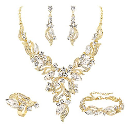EVER FAITH Bridal Wedding Marquise Crystal Leaf Cluster Statement Y-Shaped Necklace Earrings Bracelet Ring Set for Prom - color: Clear Gold-Tone