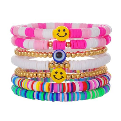 Friendship Bracelets for Women - Heishi Surfer Colorful Smile Evil Eye Clay Beaded Stretch Bracelets Elastic Layering - Stackable Boho Disc Y2K Aesthetic Summer Jewelry Set. - color: A-Evil Eye-7pc
