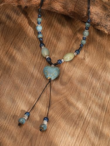 MINACHI Boho Hippie Colorful Ceramic Heart Bead Strand Necklace, Bohemian Summer Statement Jewelry Gift for Women - color: S03