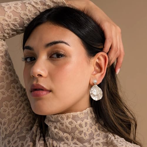 Long Pearl Earrings for Women 925 Sterling Silver Dangle Earrings | Hypoallergenic Dainty Dangle Drop Earrings, Elegant Pearl Jewelry for Bridal, Mother's Day Anniversary Birthday Jewelry Gift - color: Seashell Earrings