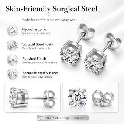 316L Stainless Steel Stud Set for Women Men, 20G Hypoallergenic Cartilage Jewelry with 2mm–8mm CZ Zirconia, Silver & Gold for Sensitive Ear Piercing - color: 18K White Gold