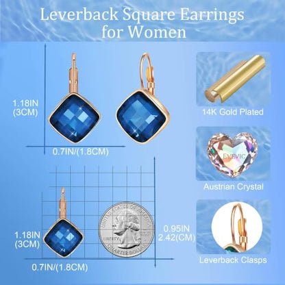 Austrian Crystal Square Leverback Drop Earrings for Women | Classic Square-Cut Crystal,14K Gold-Plated,Leverback for Easy Secure Wear,Gift Box Included,For Day and Evening Events - color: Dark Blue