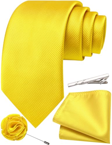 Solid Color Tie and Pocket Square with Tie Clip Lapel Pin Silk Formal Necktie Set Wedding Formal - color: Yellow