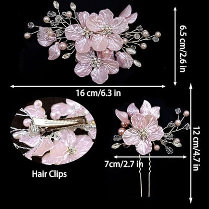 3 PCS Large Flower Bridal Wedding Hair Pins Crystal Pearl Hair Clips Headpiece Bride Hair Accessories Jewelry with Rhinestone, Glitter Emboss Pink Flower - color: Glitter Emboss Pink Flower