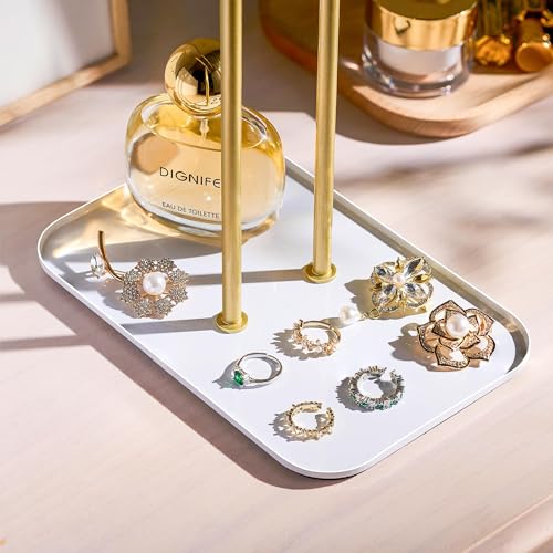 pickpiff Necklace Holder Jewelry Organizer Stand – 2‑Tier T‑Bar Jewelry Display Tree with Tray for Countertop Necklace Bracelet Earring Storage, Vanity Dresser Bathroom Sink, Gold - color: Gold