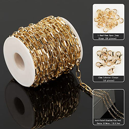 32.8 Feet Aluminum Link Chain Light Gold Flat Oval Chains for Jewelry Making Unwelded Paperclip Chain Spool Necklace Chains Bulk with Lobster Clasps and Jump Rings - color: 5.5×11mm-Gold