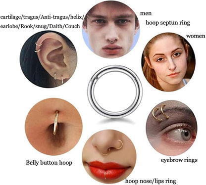 HQLA 16G Surgical Steel Hinged Clicker Segment Nose Rings Hoop Helix Cartilage Daith Tragus Sleeper Earrings Body Piercing for women 6mm 8mm 10mm 12mm 14mm - style: 16G - Steel - (6/7/8/9/10mm) - 10Pcs)