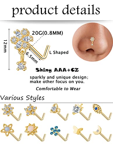 Akeoqi 12Pcs Nose Rings Stud L Shape Nose Rings Cubic Zirconia Butterfly Flower Eye Moon Crown Heart Lightning Shape Nose Studs Piercing Jewelry for Women Men Silver Gold Plated 20G - style: F:Snake&Gold