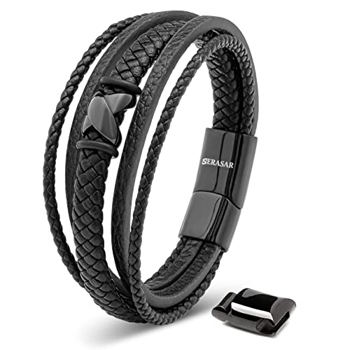 SERASAR Premium Leather Bracelet Men | Stainless Steel Magnetic Clasp | Three Colors | Jewelry Box Included - color: Black, size: 17cm, style: Flake