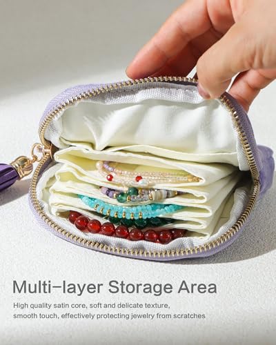 Travel Jewelry Pouch, 5-Layer Velvet Pouch, Light Purple | Anti-Scratch, Tangle-Free, Bracelets Earrings Necklaces, YKK Zipper Tassel, Chenille Velvet, Travel Jewelry Case, Gift - color: Light Purple