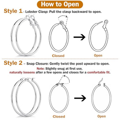 8 Pairs Gold Hoop Earrings for Women, 14K Gold Plated and Silver Hoops, Hypoallergenic Stainless Steel Classic Thin Large Set 30/40/50/60mm (1.18–2.36in) - color: 8 Pairs Silver-30/40/50/60mm
