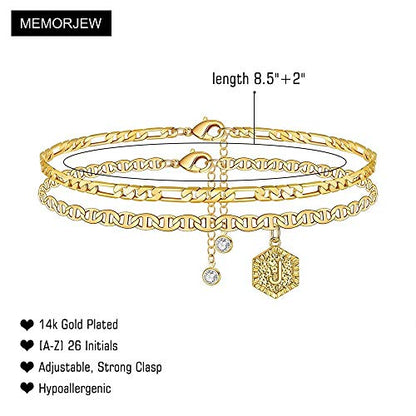 Memorjew Ankle Bracelets for Women, 14K-Gold-Plated Initial A-Z Anklet | Figaro Chain Layered 14K-Gold-Plated Hexagon Letter Anklets for Women, Summer Foot Chain Jewelry Gifts, Ankle Bracelets Gifts - style: J-Gold-Plated