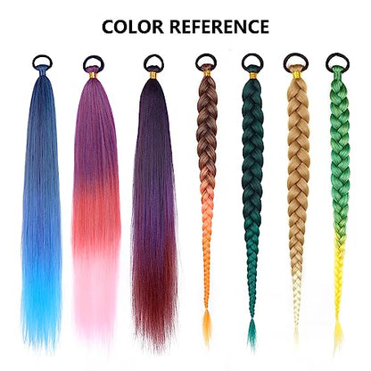 2 Pack Red Gradient 26 Inch Braid Ponytail Extension with Elastic Tie | Ponytail Extension with Elastic Tie Straight Sleek Wrap Around Braid Ponytail , Natural Soft Synthetic Hair Piece for Women - color: Red gradient#（Purple/Red/Pink）, size: 26 Inch（Pack