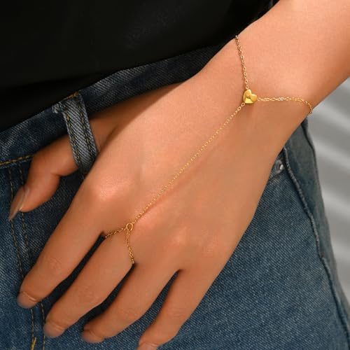 Gold Hand Chain Bracelet for Women 18K Gold Plated Stainless Steel Ring Bracelet Hand Chain with Pearl Star CZ Adjustable Hand Jewelry Chain Gifts - color: Y Heart-Gold
