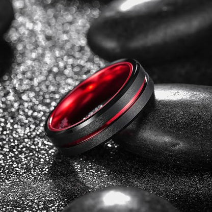 King Will Mens Tungsten Rings for Men Two Tone Grooved Mens Wedding Band Cool - color: Red & Black 6mm