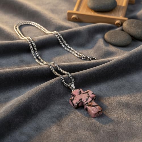 Justinstones 32mm Gemstone Carved Cross Reiki Chakra Pendant With Stainless Steel Necklace 22 Inch - color: Matrix Rhodonite