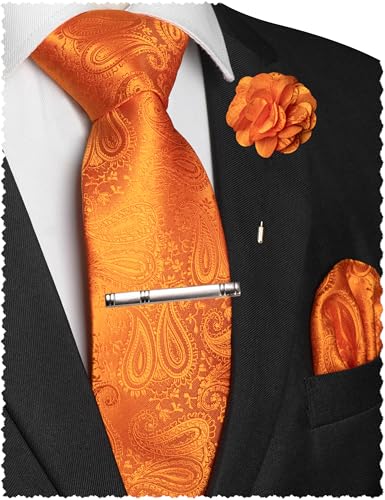 JEMYGINS Mens Paisley Tie and Lapel Pin Necktie Pocket Square and Tie Clip with Sets for Business Casual 4PCS - color: Orange