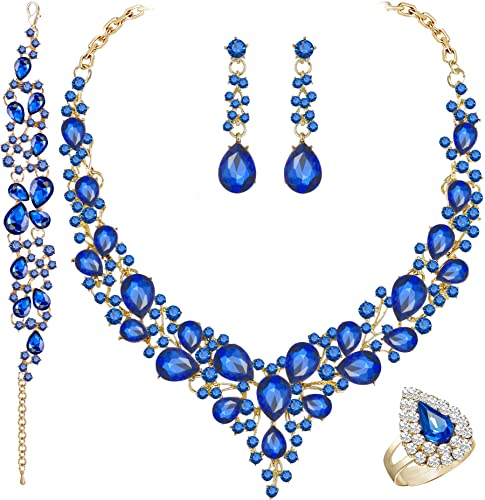 Paxuan Crystal Bridal Wedding Jewelry Sets for Women Rhinestone Teardrop Crystal Statement Choker Necklace Drop Earrings Link Bracelets Rings Teardrop Jewelry Set for Brides Bridesmaids - color: Blue