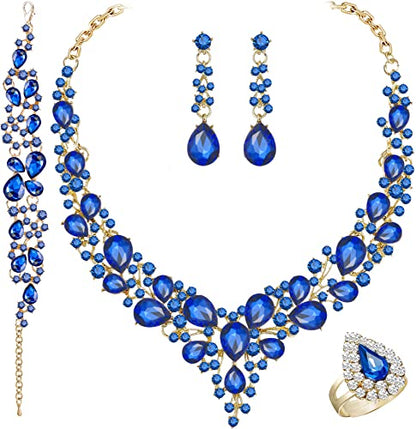 Paxuan Crystal Bridal Wedding Jewelry Sets for Women Rhinestone Teardrop Crystal Statement Choker Necklace Drop Earrings Link Bracelets Rings Teardrop Jewelry Set for Brides Bridesmaids - color: Blue