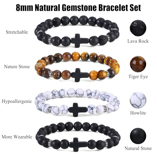Giovanchi 4-12PCS Bracelets for Men, 8MM Mens Bracelets Lava Rock Black Obsidian Howlite Tiger Eye Beaded Natural Stone Bracelet Jewelry Gifts for Birthday Christmas - style: 8Pcs E