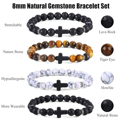 Giovanchi 4-12PCS Bracelets for Men, 8MM Mens Bracelets Lava Rock Black Obsidian Howlite Tiger Eye Beaded Natural Stone Bracelet Jewelry Gifts for Birthday Christmas - style: 8Pcs E