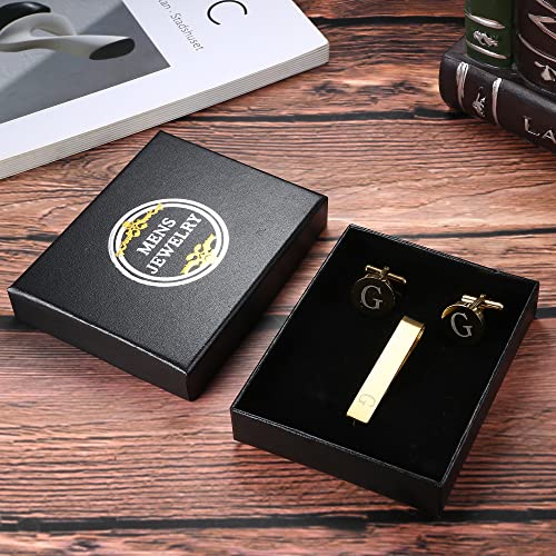 LOYALLOOK Black Initial Cufflinks and Tie Clip Set for Men Personalized Copper Cuff links and Tie Bar Letter Alphabet A-Z Gift for Father Husband Valentine Gifts for Men - color: G