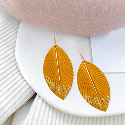 Bohemian Handmade Lightweight Color Large Genuine Soft Leather Fringe Feather Leaf Tear Dangle Drop Earrings for Women Statement - color: 2-Yellow
