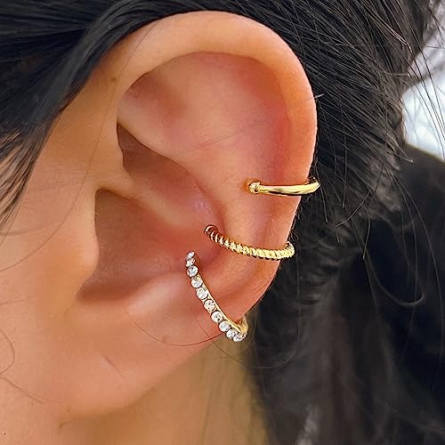 3Pcs Ear Cuffs Non Piercings for Women, Trendy Cubic Zirconia Gold Silver Clip On Cuff Earrings Set Jewelry Dainty Fake Cartilage Earring - color: Gold