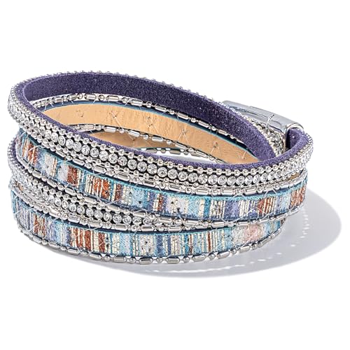 Boho Double Wrap Leather Bracelets Stackable Layered Western Hippie Jewelry | Colorful Stacked Bohemian Statement Chunky Magnetic Clasp Cuff Bangles Cowgirl Country Summer Beach Outfits for Women Trendy - color: Blue