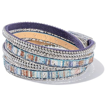 Boho Double Wrap Leather Bracelets Stackable Layered Western Hippie Jewelry | Colorful Stacked Bohemian Statement Chunky Magnetic Clasp Cuff Bangles Cowgirl Country Summer Beach Outfits for Women Trendy - color: Blue