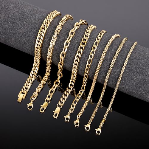 8Pcs Stainless Steel Bracelets for Men Women Sturdy Cuban Link Bracelet Curb Rope Figaro Paperclip Chain Bracelets Set Jewelry Gifts for Men, 6.9/7.5/8.3/9 Inches - color: Gold