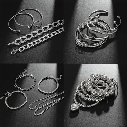 IFKM Gold Chain Bracelets Set for Women, 14K Gold Plated Multiple Layered Stackable Open Cuff Bangle Bracelet Anklet Bracelets Adjustable Link Tennis Beads Italian Cuban Jewelry for Women Gift - style: 28PCS Set