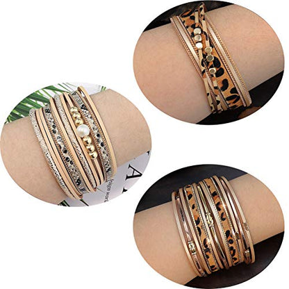 Wowanoo 3Pack Leather Cuff Bracelet Set Multilayer Wrap Bracelet Crystal Feather Tree Bracelet Magnetic Clasp Bracelet for Women - color: LeopardSnake