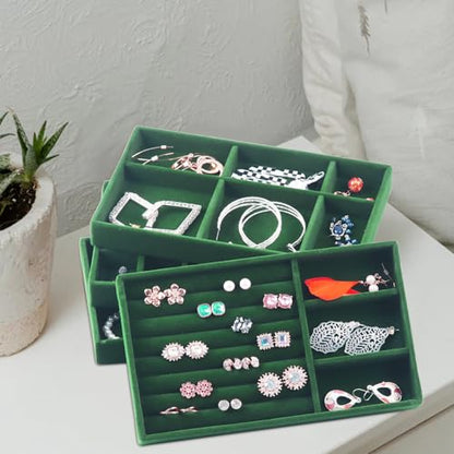 Jewelry Trays for Drawers, Set of 8 Stackable Velvet Jewelry Tray Inserts for Rings, Earrings, Necklaces, Bracelets – Fits Most Dresser/Closet Drawers, Non‑Slip Lined, Green - color: Green