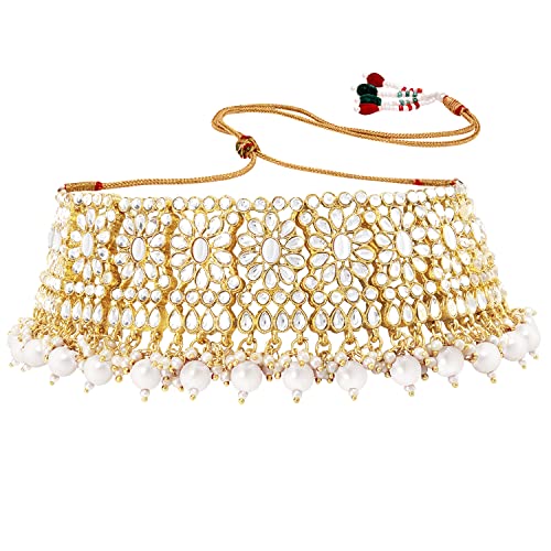 Aheli Faux Pearl Choker Necklace with Earrings Indian Traditional Bollywood Jewelry Set Gift for Women - color: White & Gold