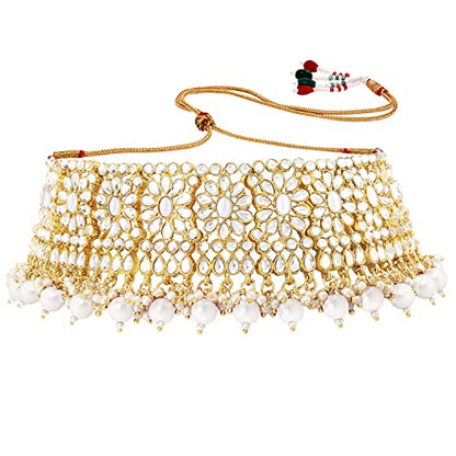 Aheli Faux Pearl Choker Necklace with Earrings Indian Traditional Bollywood Jewelry Set Gift for Women - color: White & Gold