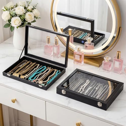 Elsjoy 2 Pack Necklace Organizer Box, Premium Necklace Display Cases with Transparent Glass Lid, Black Velvet Necklace Storage Holder Box, 40 Hooks (20 Per Box)