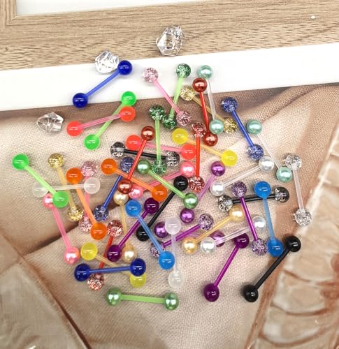 48Pcs 14G Glow in Dark Flexible Acrylic Straight Tongue Barbell Nipple Ring Retainer Piercing Jewelry for Women Men 16mm Bar