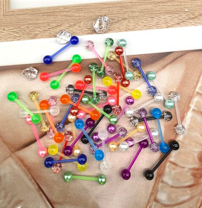 48Pcs 14G Glow in Dark Flexible Acrylic Straight Tongue Barbell Nipple Ring Retainer Piercing Jewelry for Women Men 16mm Bar