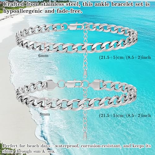 2PCS Ankle Bracelets for Women - Gold/Silver Plated Stainless Steel Anklets Set - Waterproof Layered Cuban Link Chain Anklet Bracelet Summer Beach Foot Jewelry Gifts for Women - color: Style 1-Silver