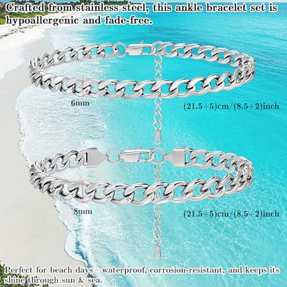 2PCS Ankle Bracelets for Women - Gold/Silver Plated Stainless Steel Anklets Set - Waterproof Layered Cuban Link Chain Anklet Bracelet Summer Beach Foot Jewelry Gifts for Women - color: Style 1-Silver