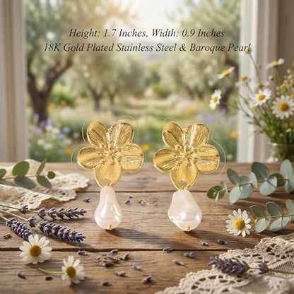 Chunky Gold Plated Flower Statement Drop Earrings for Women | Hypoallergenic 18K Gold Plated Textured Petal Wing, Large Statement Dangle Earrings for Wedding Party - color: Gold Flower Pearl-B