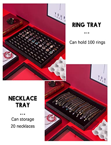 Julysky 5 Pcs/set Stackable Jewelry Organizer Trays with Glass Lid,100 Slots Ring Holder,Bracelet Displays Stand for Selling Necklace Earring Rack - size: 100slot+Necklice+12grid+24grid+glass lid