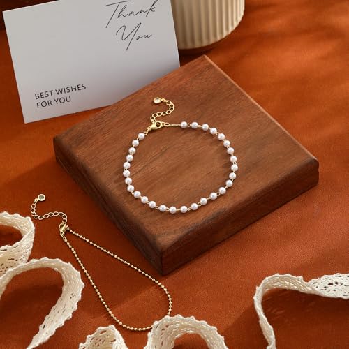 ASCOMY Ankle Bracelets for Women 14K Gold/Silver Plated Anklets for Women Waterproof Layered Cute Beads Dot Shining Twist Rope Chain Pearl Bar Link Heart Anklets Summer Beach Foot Chain Jewelry Gifts - style: Pearl Beads-GD
