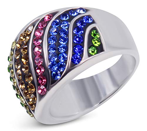 Savlano 18K White Gold Plated Rainbow Colorful Ring for Women