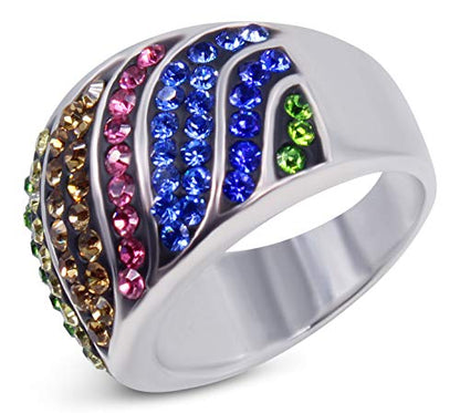 Savlano 18K White Gold Plated Rainbow Colorful Ring for Women