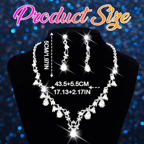 Gold Rhinestone Jewelry Set Bridal Wedding Necklace Earrings Sets Prom Formal Costume Jewelry for Women and Brides - color: Silver