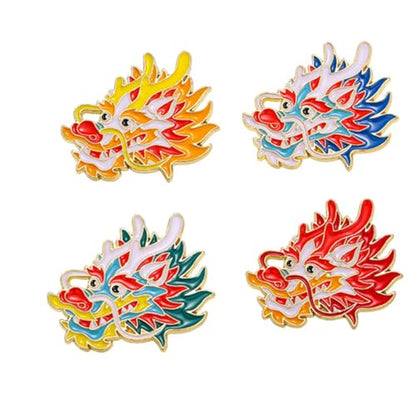 4pcs Chinese Dragon Enamel Lapel Pin Set, Dragon ChineseZodiac Style Traditional Design Red Yellow Pink Blue Green - color: RED