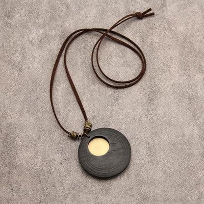 GelConnie Leather Necklace for Women Round Wooden Pendant Long Leather Choker Vintage Sweater Necklace Gold Chunky Boho Necklaces for Women - style: Black Wooden Necklae
