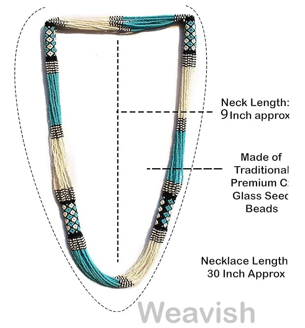 Boho Native Handmade Seed Bead Tassel Necklace, Bohemian Large Statement Beaded Necklace for Women (Turquoise)